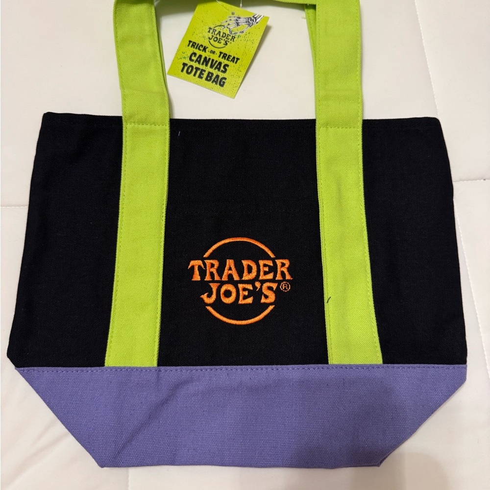Trader Joe's Black and Purple Canvas Tote with Green Handles